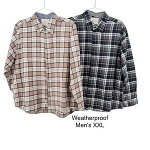 Weatherproof Vintage Men XXL Plaid Flannel Button Down Shirt 2pk Brown Grey